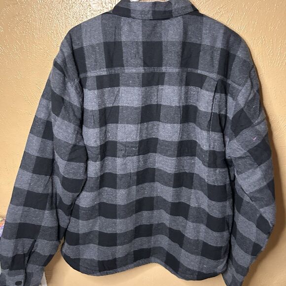 Silver Jeans Co Men’s XL Sherpa Lined Flannel Jacket Black Gray Plaid Snap Front - Picture 2 of 8